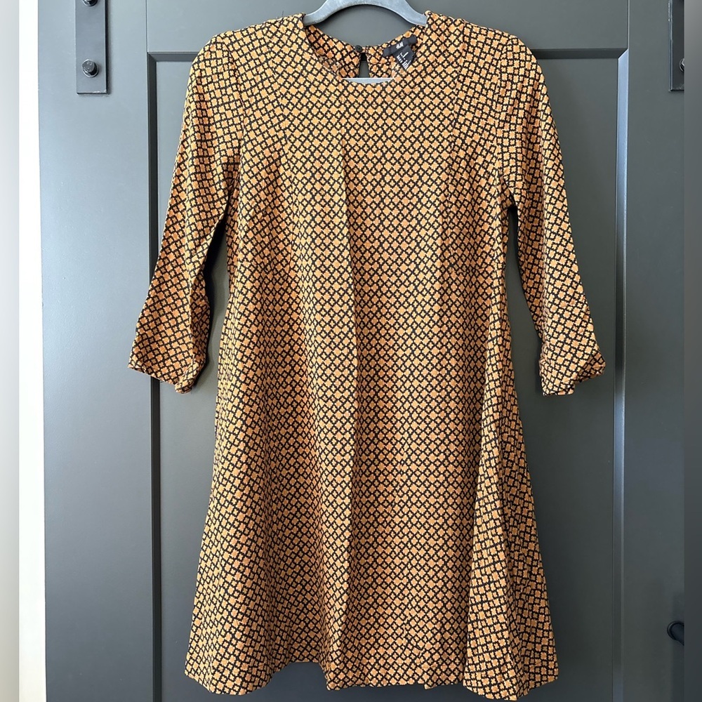 H&M Mustard Geometric A-Line Long Sleeve Dress